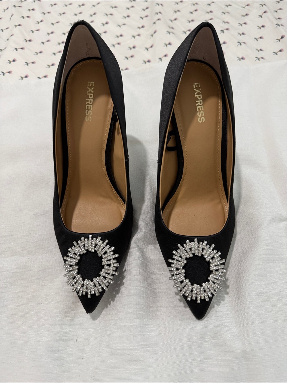Express Black Satin Pointed Toe Heels with Crystal Circle Accent